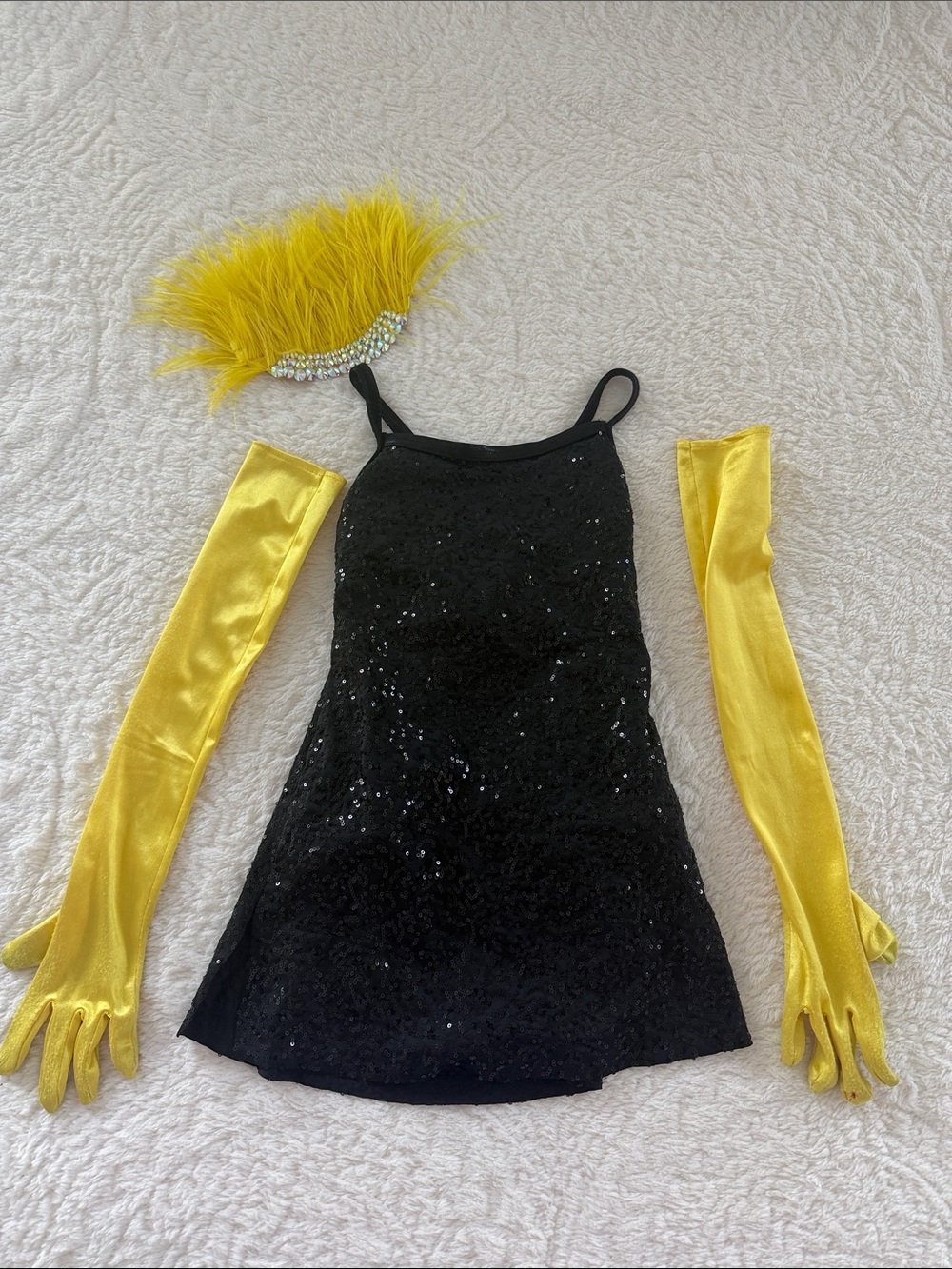 balera Black Sequin Dress with Yellow Satin Gloves and Feather Headpiece